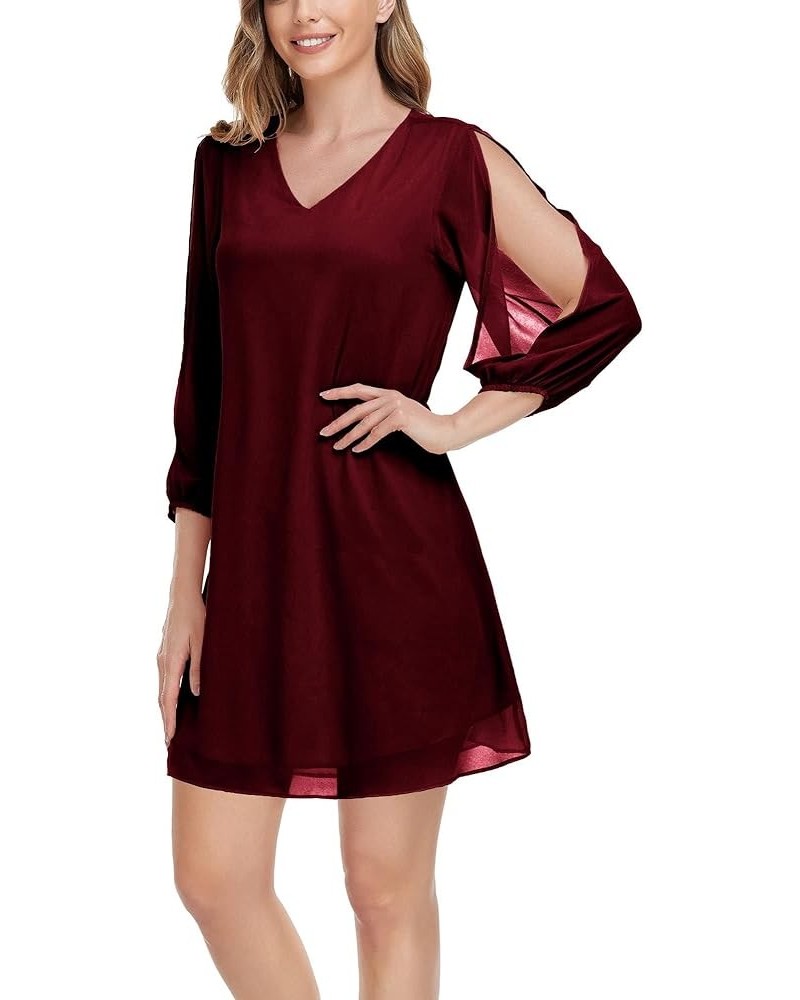 Women's 3/4 Split Sleeve Loose Party Cocktail Evening Chiffon Dress Burgundy $18.14 Dresses