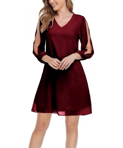 Women's 3/4 Split Sleeve Loose Party Cocktail Evening Chiffon Dress Burgundy $18.14 Dresses