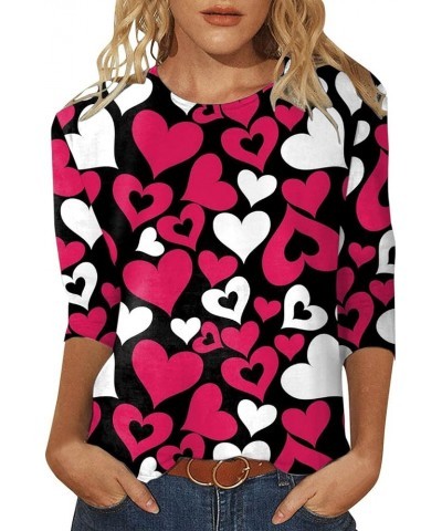 Valentine's Day Shirts for Women Trendy Three Quarter Sleeve Valentines Day Love Heart Print Round Neck Graphic Tops Tee F-ho...