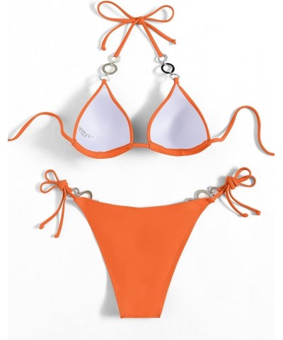 Women's Rhinestone Push Up Halter Bikini Set Swimsuit Two Piece Tie Side Bathing Suit Burnt Orange $18.69 Swimsuits