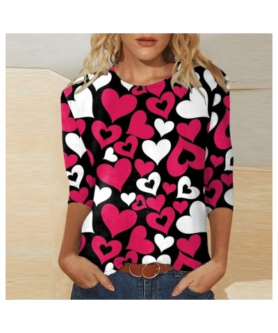 Valentine's Day Shirts for Women Trendy Three Quarter Sleeve Valentines Day Love Heart Print Round Neck Graphic Tops Tee F-ho...