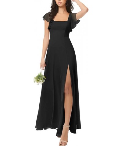 Chiffon Bridesmaid Dresses Ruched A-Line Wedding Party Summer Evening Dresses Floor-Length with Slit Black $26.80 Dresses