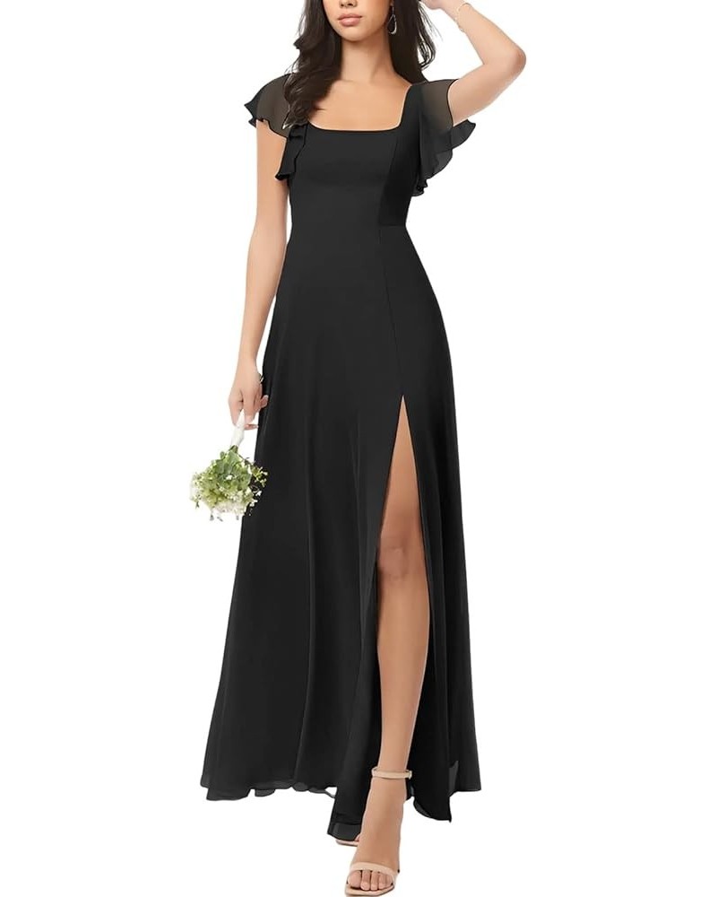 Chiffon Bridesmaid Dresses Ruched A-Line Wedding Party Summer Evening Dresses Floor-Length with Slit Black $26.80 Dresses