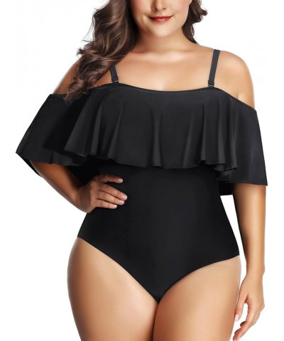 Women Off Shoulder Plus Size One Piece Swimsuits Tummy Control Bathing Suits Ruffle Swimwear Solid Black $23.99 Swimsuits