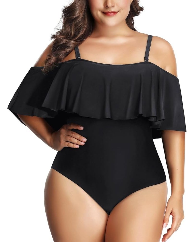 Women Off Shoulder Plus Size One Piece Swimsuits Tummy Control Bathing Suits Ruffle Swimwear Solid Black $23.99 Swimsuits