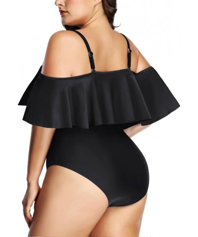 Women Off Shoulder Plus Size One Piece Swimsuits Tummy Control Bathing Suits Ruffle Swimwear Solid Black $23.99 Swimsuits