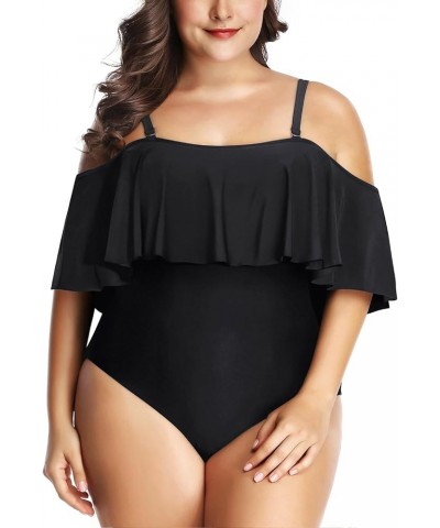 Women Off Shoulder Plus Size One Piece Swimsuits Tummy Control Bathing Suits Ruffle Swimwear Solid Black $23.99 Swimsuits