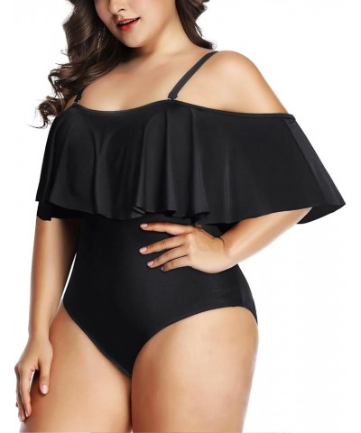 Women Off Shoulder Plus Size One Piece Swimsuits Tummy Control Bathing Suits Ruffle Swimwear Solid Black $23.99 Swimsuits