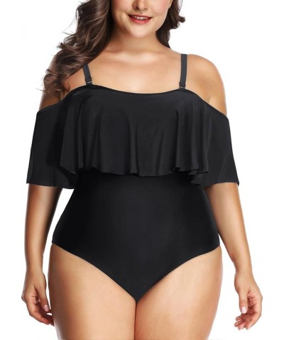 Women Off Shoulder Plus Size One Piece Swimsuits Tummy Control Bathing Suits Ruffle Swimwear Solid Black $23.99 Swimsuits