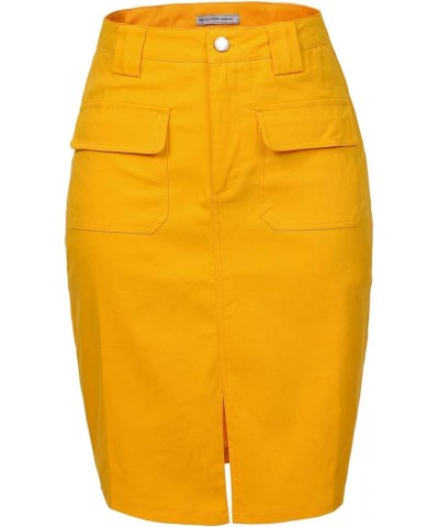 Women's Midi Knee Length Workout Cotton Pencil Skirts with Front Pockets and Slit Yellow $20.39 Skirts