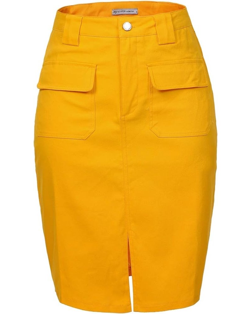 Women's Midi Knee Length Workout Cotton Pencil Skirts with Front Pockets and Slit Yellow $20.39 Skirts