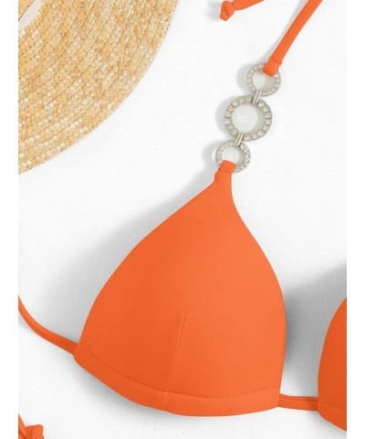 Women's Rhinestone Push Up Halter Bikini Set Swimsuit Two Piece Tie Side Bathing Suit Burnt Orange $18.69 Swimsuits