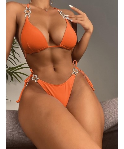 Women's Rhinestone Push Up Halter Bikini Set Swimsuit Two Piece Tie Side Bathing Suit Burnt Orange $18.69 Swimsuits