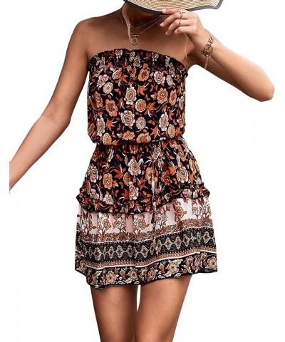 Women's Summer Boho Strapless Short Dress Off Shoulder Ethnic Floral Print Frill Tube Top Flowy Sundress with Belt Black $11....