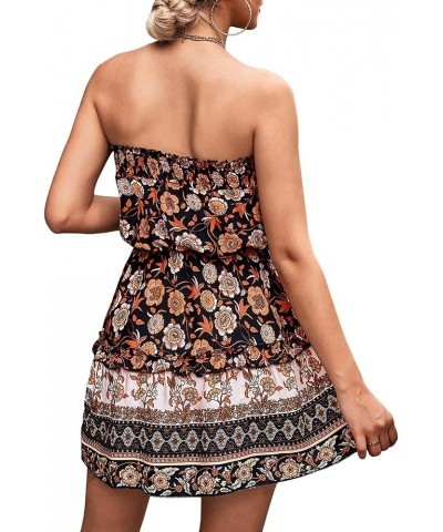 Women's Summer Boho Strapless Short Dress Off Shoulder Ethnic Floral Print Frill Tube Top Flowy Sundress with Belt Black $11....