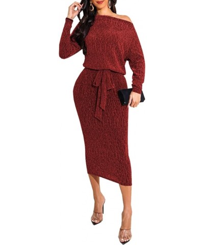 Sexy Sparkly Dress for Women Long Sleeve Deep V Neck Bodycon Elegant Club Midi Dresses 10751burgundy $18.01 Dresses