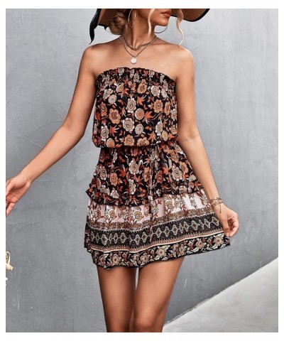 Women's Summer Boho Strapless Short Dress Off Shoulder Ethnic Floral Print Frill Tube Top Flowy Sundress with Belt Black $11....