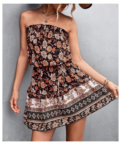 Women's Summer Boho Strapless Short Dress Off Shoulder Ethnic Floral Print Frill Tube Top Flowy Sundress with Belt Black $11....