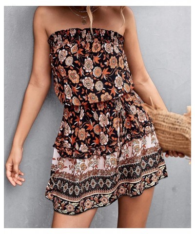 Women's Summer Boho Strapless Short Dress Off Shoulder Ethnic Floral Print Frill Tube Top Flowy Sundress with Belt Black $11....