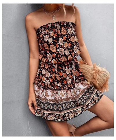 Women's Summer Boho Strapless Short Dress Off Shoulder Ethnic Floral Print Frill Tube Top Flowy Sundress with Belt Black $11....