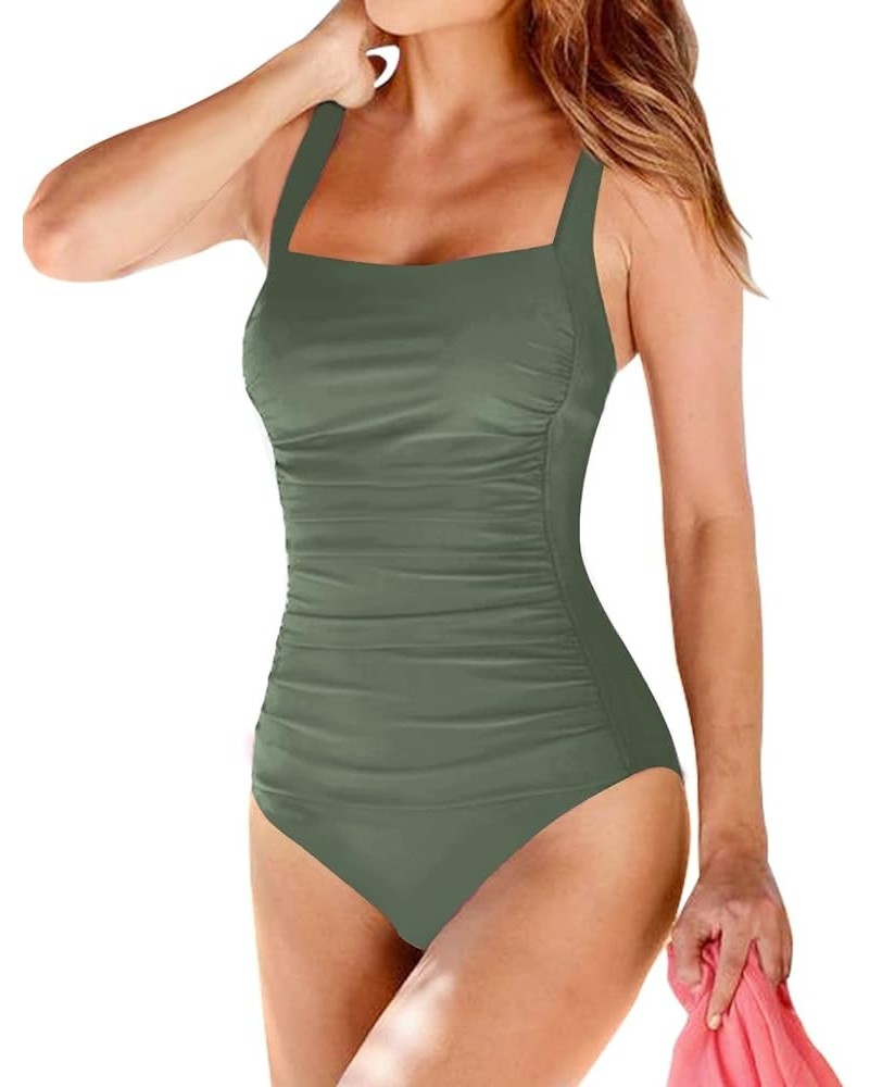 Women's Vintage Padded Push up One Piece Swimsuits Tummy Control Bathing Suits Plus Size Swimwear Solid Olive $17.93 Swimsuits