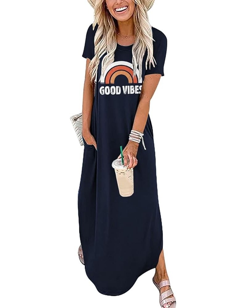 Good Vibes Rainbow Graphic Dress Womens Sleeveless Pocket Maxi Dress Hawaiian Beach Beach Tank Dress Short Sleeve-dark Blue $...