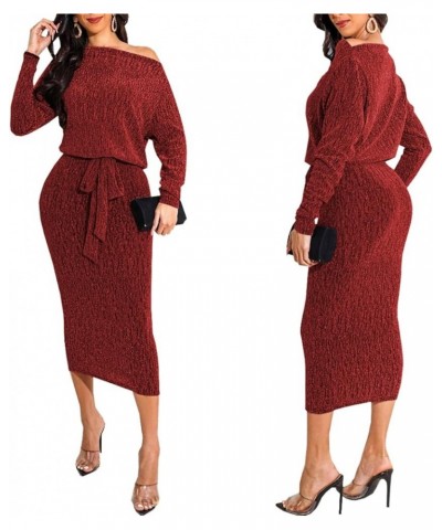 Sexy Sparkly Dress for Women Long Sleeve Deep V Neck Bodycon Elegant Club Midi Dresses 10751burgundy $18.01 Dresses