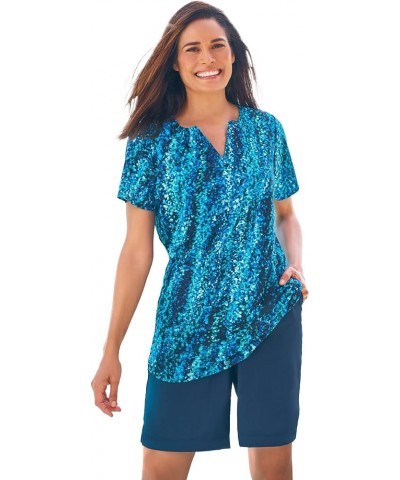 Women's Plus Size Split-Neck Short Sleeve Swim Tee with Built-in Bra Aqua Abstract $35.10 Swimsuits