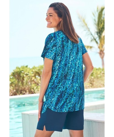 Women's Plus Size Split-Neck Short Sleeve Swim Tee with Built-in Bra Aqua Abstract $35.10 Swimsuits