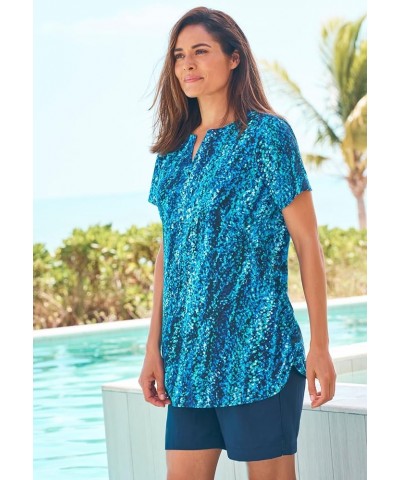 Women's Plus Size Split-Neck Short Sleeve Swim Tee with Built-in Bra Aqua Abstract $35.10 Swimsuits