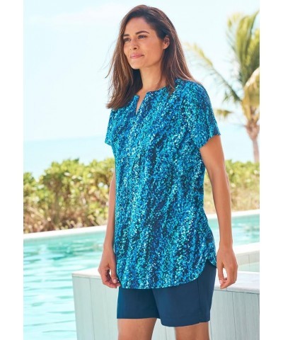 Women's Plus Size Split-Neck Short Sleeve Swim Tee with Built-in Bra Aqua Abstract $35.10 Swimsuits