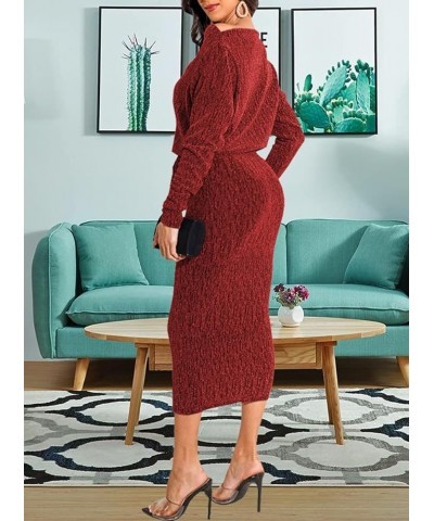 Sexy Sparkly Dress for Women Long Sleeve Deep V Neck Bodycon Elegant Club Midi Dresses 10751burgundy $18.01 Dresses