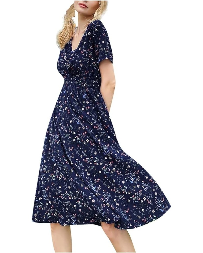 Women's Funeral Outfit Fashion Casual V-Neck Printed Midi Skirt Elastic Waist Dress Dresses 2022 Dark Blue $10.55 Dresses