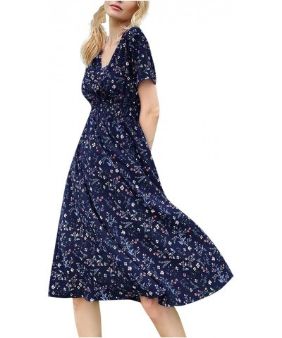 Women's Funeral Outfit Fashion Casual V-Neck Printed Midi Skirt Elastic Waist Dress Dresses 2022 Dark Blue $10.55 Dresses