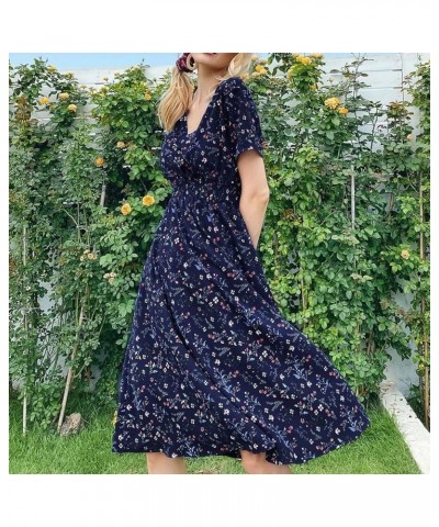 Women's Funeral Outfit Fashion Casual V-Neck Printed Midi Skirt Elastic Waist Dress Dresses 2022 Dark Blue $10.55 Dresses