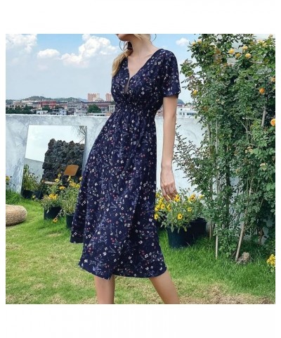 Women's Funeral Outfit Fashion Casual V-Neck Printed Midi Skirt Elastic Waist Dress Dresses 2022 Dark Blue $10.55 Dresses