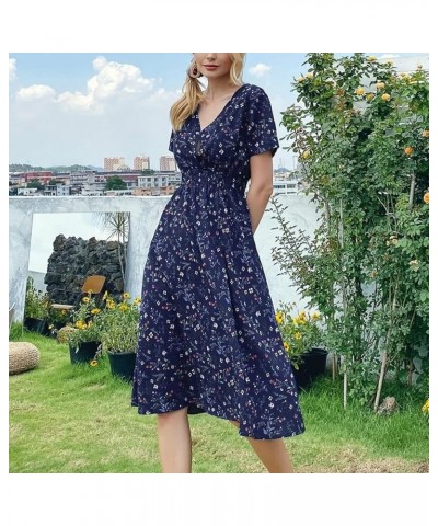 Women's Funeral Outfit Fashion Casual V-Neck Printed Midi Skirt Elastic Waist Dress Dresses 2022 Dark Blue $10.55 Dresses