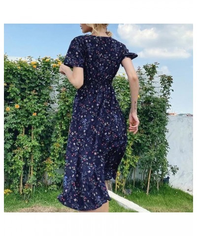 Women's Funeral Outfit Fashion Casual V-Neck Printed Midi Skirt Elastic Waist Dress Dresses 2022 Dark Blue $10.55 Dresses