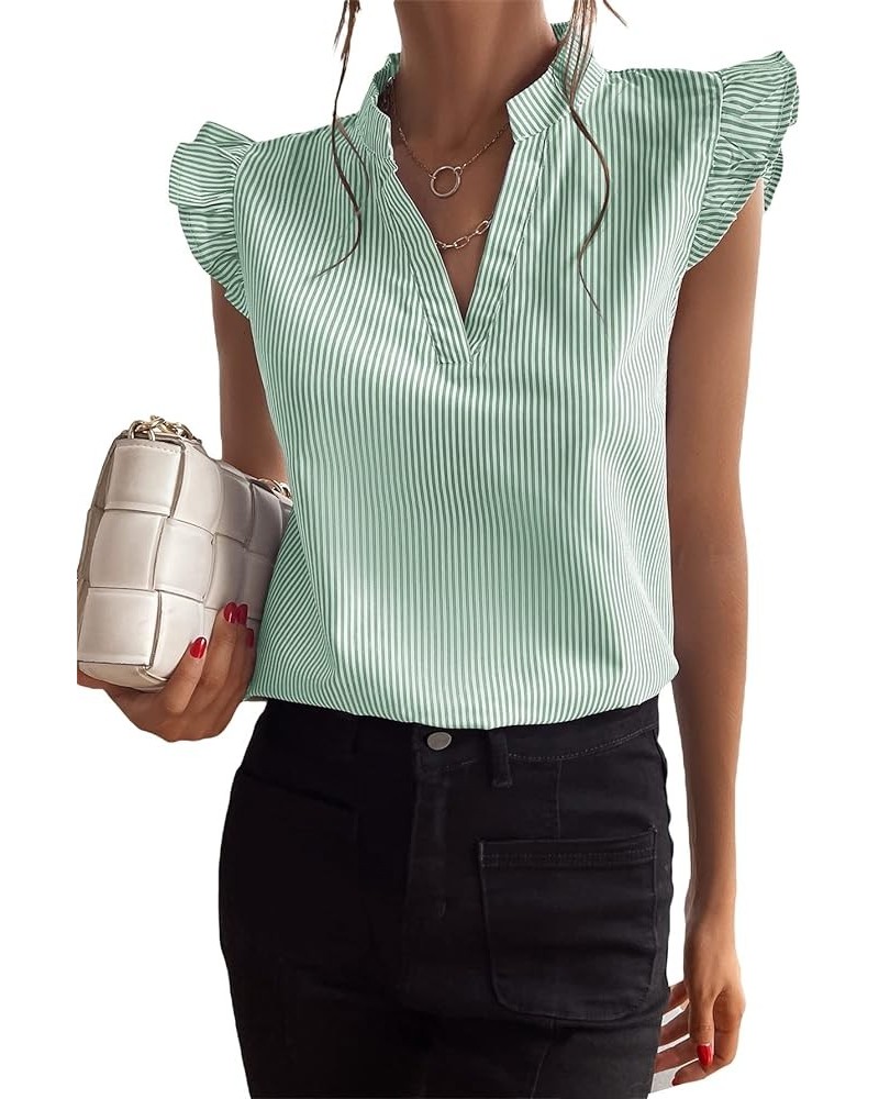 Women's Striped Notched V Neck Ruffle Cap Sleeve Blouse Tops Mint Green $11.89 Blouses