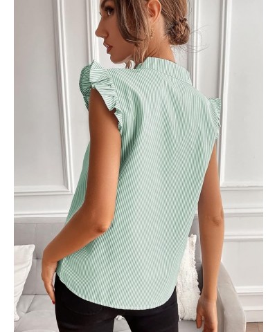 Women's Striped Notched V Neck Ruffle Cap Sleeve Blouse Tops Mint Green $11.89 Blouses