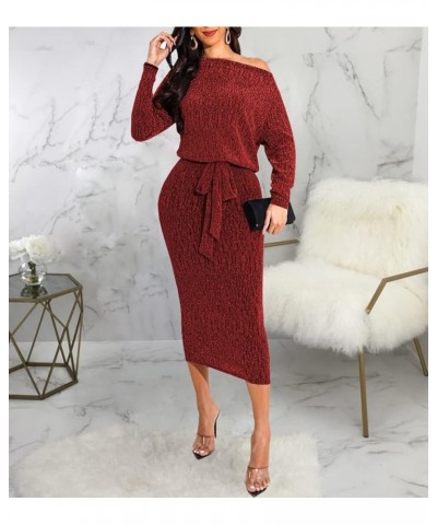 Sexy Sparkly Dress for Women Long Sleeve Deep V Neck Bodycon Elegant Club Midi Dresses 10751burgundy $18.01 Dresses