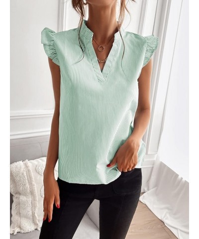 Women's Striped Notched V Neck Ruffle Cap Sleeve Blouse Tops Mint Green $11.89 Blouses