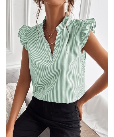 Women's Striped Notched V Neck Ruffle Cap Sleeve Blouse Tops Mint Green $11.89 Blouses