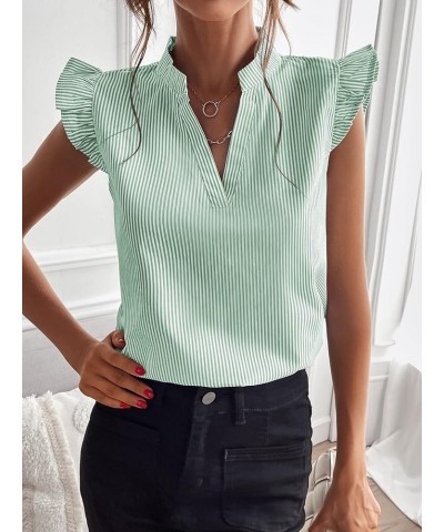 Women's Striped Notched V Neck Ruffle Cap Sleeve Blouse Tops Mint Green $11.89 Blouses