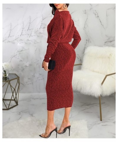 Sexy Sparkly Dress for Women Long Sleeve Deep V Neck Bodycon Elegant Club Midi Dresses 10751burgundy $18.01 Dresses