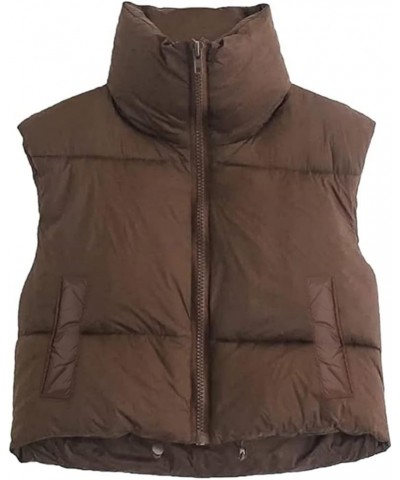 Women Crop Puffer Vest High Neck Zipper Lightweight Sleeveless Warm Outerwear Padded Gilet Coffee With Side Pockets $15.94 Ja...