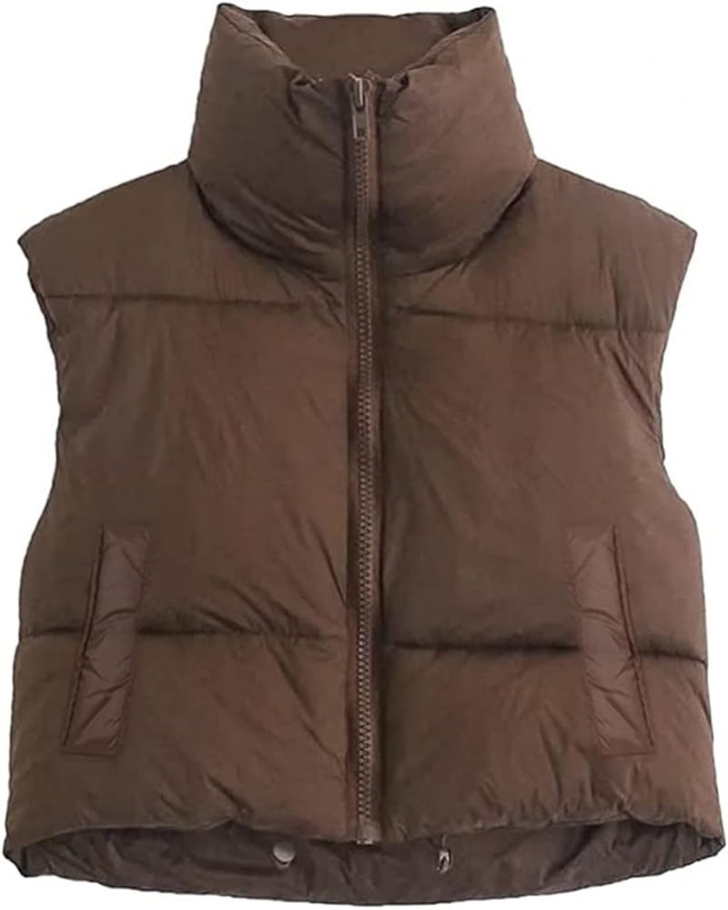 Women Crop Puffer Vest High Neck Zipper Lightweight Sleeveless Warm Outerwear Padded Gilet Coffee With Side Pockets $15.94 Ja...