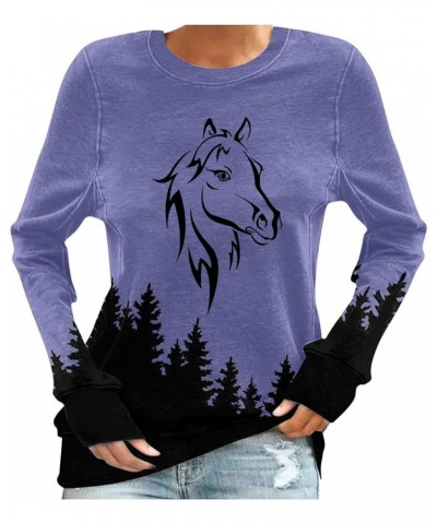 Horses T Shirt Women Funny Graphic Tees Long Sleeve Crew Neck Shirts Casual Loose Fit Blouses Horse Lover T-Shirt Gift 03purp...