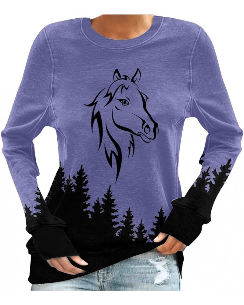 Horses T Shirt Women Funny Graphic Tees Long Sleeve Crew Neck Shirts Casual Loose Fit Blouses Horse Lover T-Shirt Gift 03purp...