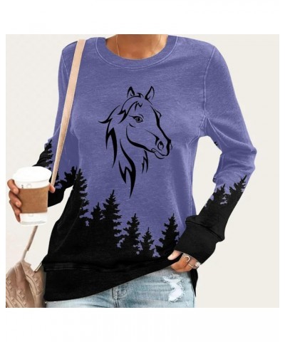 Horses T Shirt Women Funny Graphic Tees Long Sleeve Crew Neck Shirts Casual Loose Fit Blouses Horse Lover T-Shirt Gift 03purp...